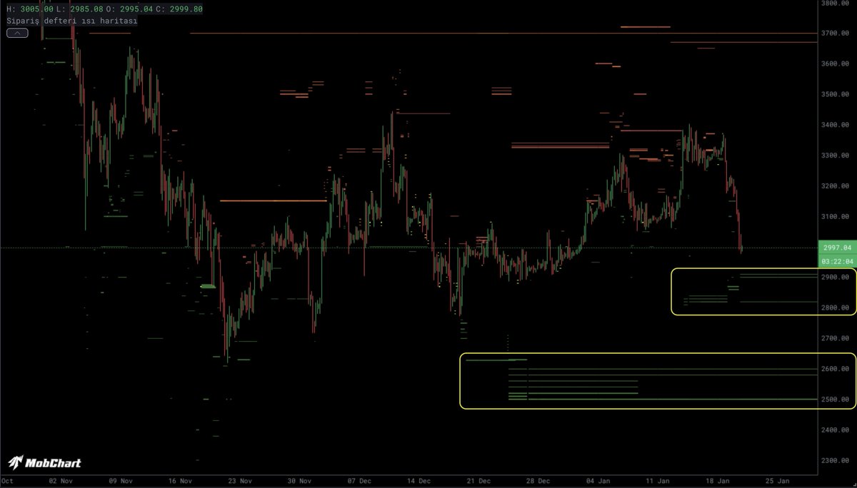 🚨#ETH Whales 🐋 support‼️ The order book heatmap transparently reveals the  true liquidity depth resting below the price action. Specifically, the  initial support block in the $2,800 - $2,850 range and the
