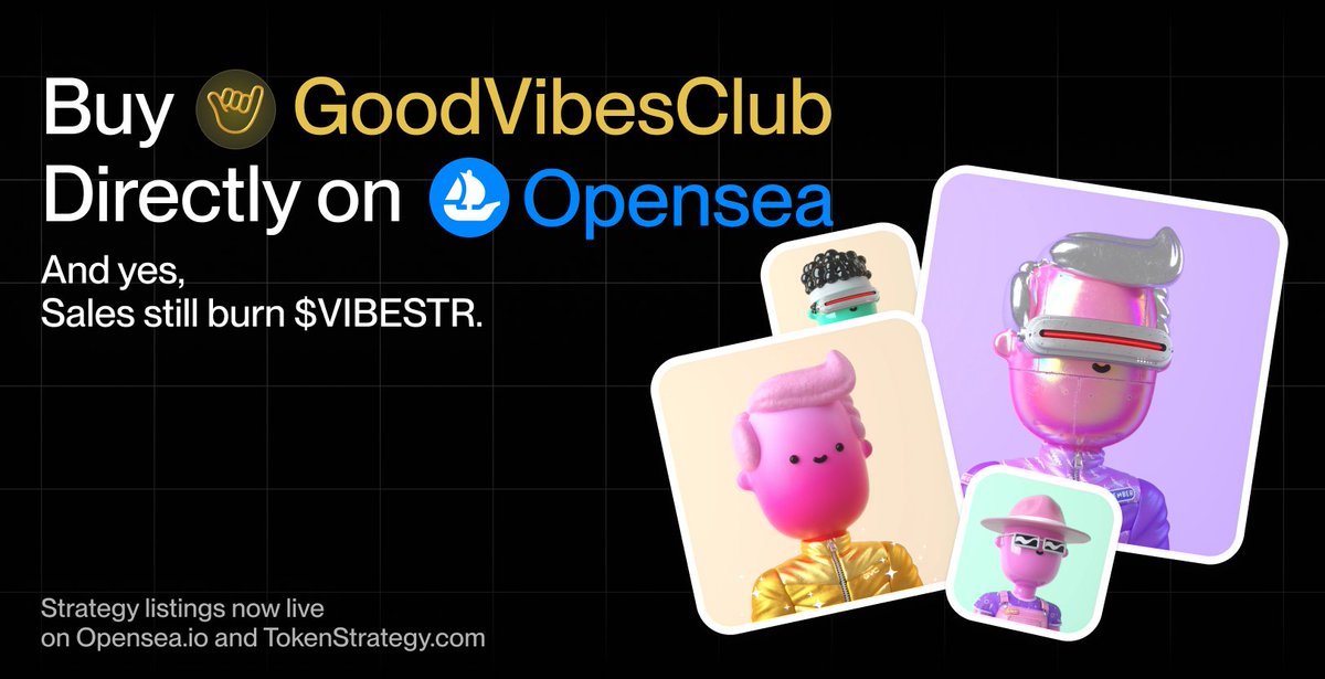 token_works's tweet image. Good Vibes Club NFTs owned by VibeStrategy are now purchasable on @opensea!

When the Strategy buys an NFT, it will be listed on both the Strategy contract and Seaport. 

Regardless of where it's sold, the proceeds buy and burn $VIBESTR automatically.