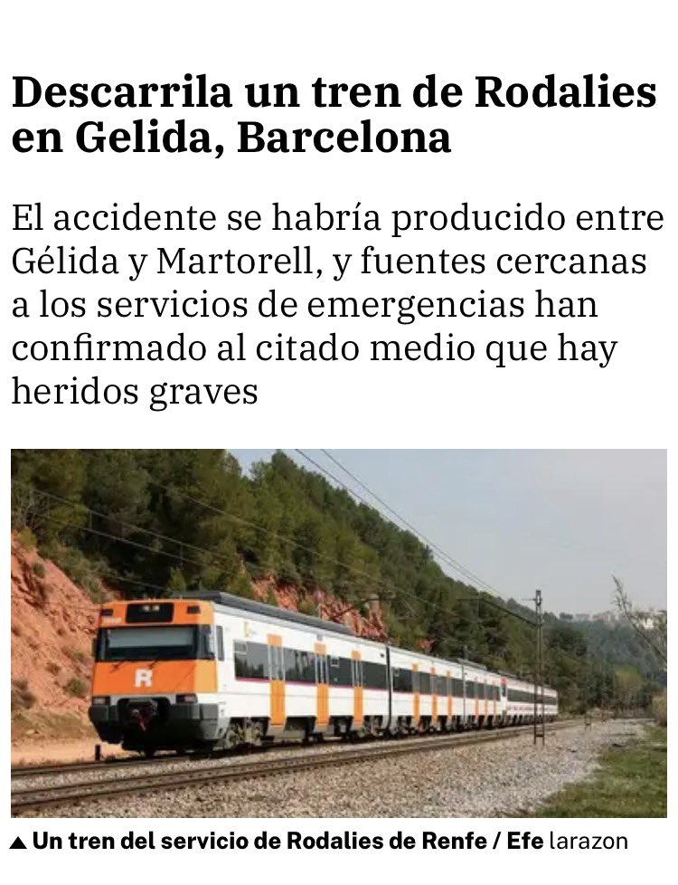 ElSecreDeEuge's tweet image. Dos descarrilamientos más en Cataluña hace pocos minutos. En el de Gelida hay heridos graves y algunos medios hablan de un fallecido.

Te dirán que lo mejor es que vayamos todos en burro.