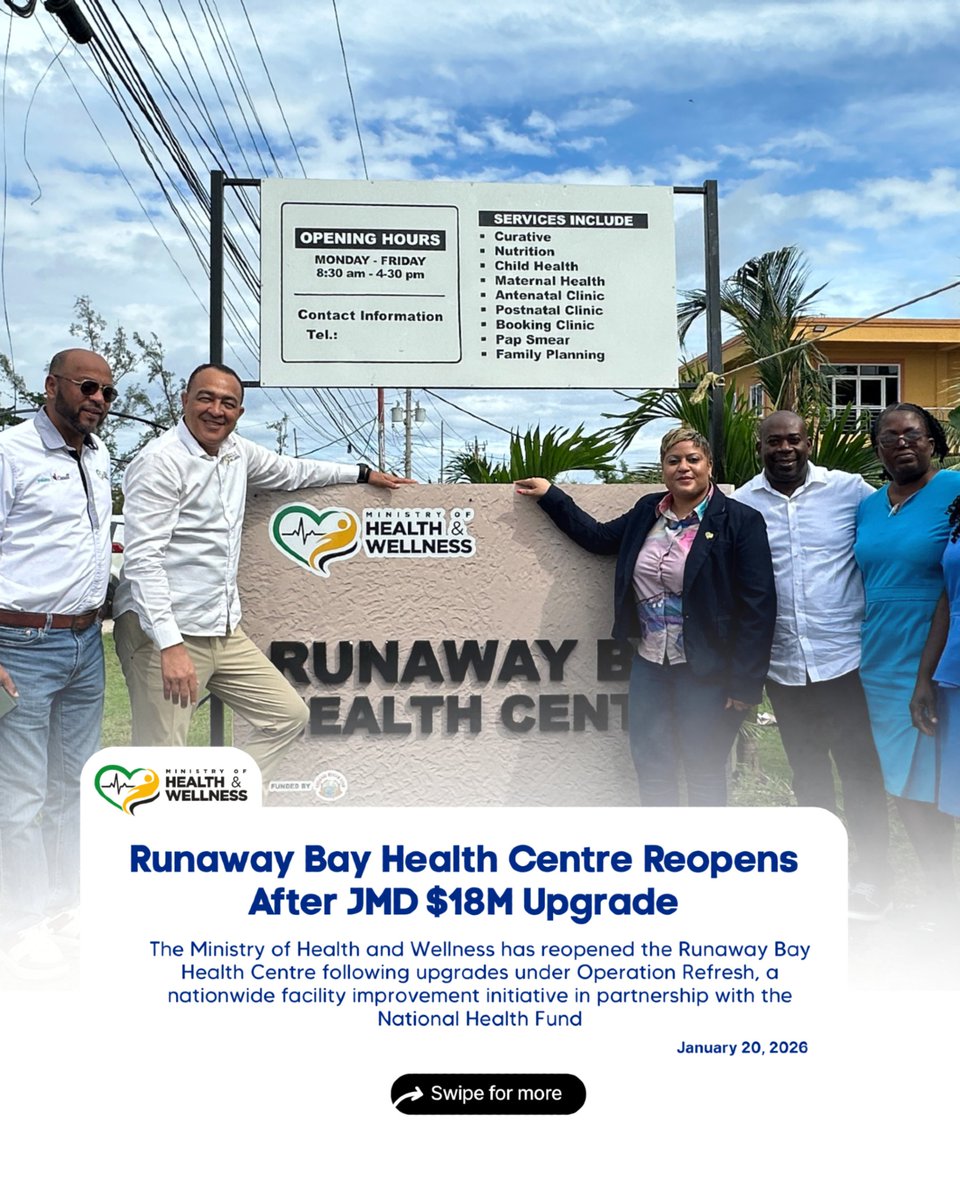 themohwgovjm's tweet photo. Originally a Type II facility for over 30 years, the Runaway Bay Health Centre is now a Community Health Centre under #OperationRefresh. Serving 20,000 residents with family health, curative, and nutrition services, it strengthens primary care in St. Ann.

Operation Refresh has revitalized other centres in St. Ann, including Oxford and Bellfield, with ongoing works at Bamboo Health Centre, ensuring facilities across Jamaica meet the changing needs of communities.
