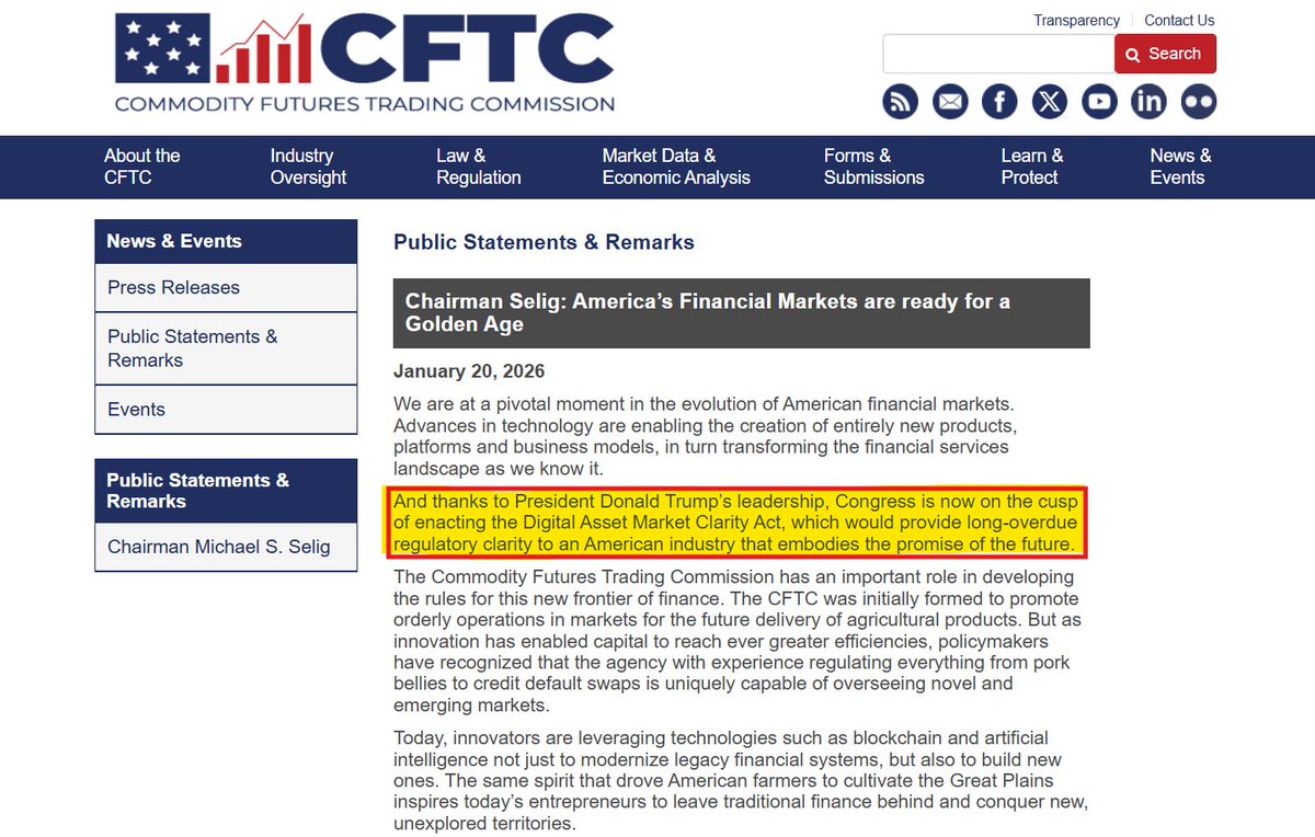 BREAKING: 🚨🚨 CFTC Chairman Selig says Congress is on the cusp of passing  the Digital Asset Market Clarity Act 🇺🇸 Clear rules coming Tailored crypto  regulation nnovation stays in the US“ We