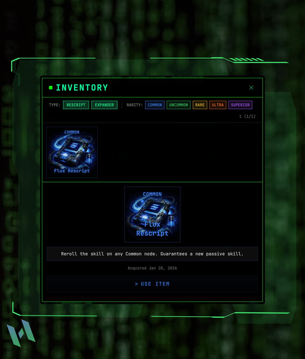 HashedSolana's tweet image. Got a Flux Rescript item for the Common Node.
The Node's Passive Skill is Cooldown Reducer +24.2%.

I want to reroll for another skill, your guesses what skill am I gonna get?

Options:
- Event Shield
- Hashrate Boost
- Deterioration Reducer

Will record a video with the reroll…