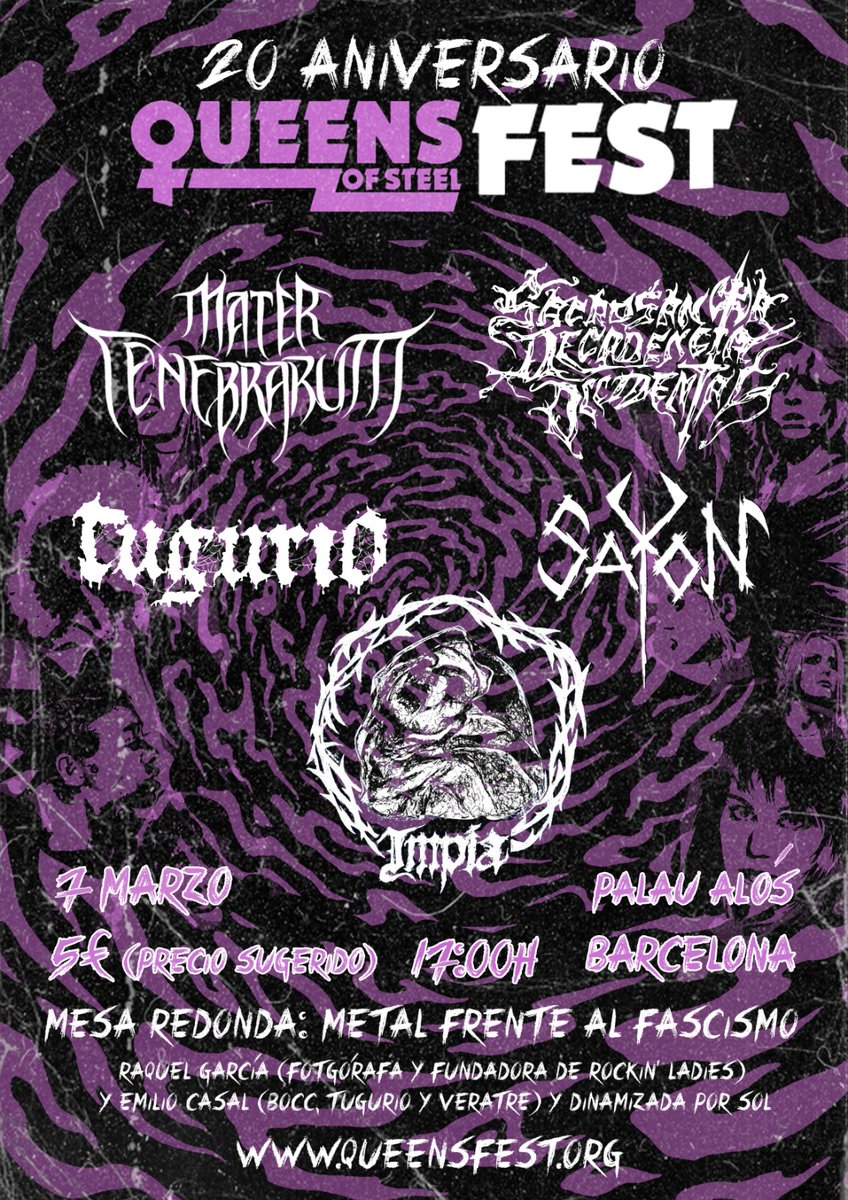 queensofsteel's tweet image. JA EL TENIM AQUÍ! ⚔️

El cartell del 20è aniversari. Mesos de feina per una jornada de resistència, autogestió i soroll.

🔊 Concerts (5 bandes) 🗣️ Xerrada antifeixista 🛠️ Mercadet DIY

📅 07/03 al Palau Alòs (BCN) 🌐 Tota la info: queensfest.org

Que rutlli! 🔄🔥
