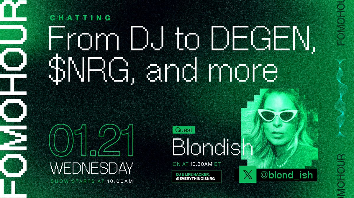 We're excited to host <a href="/blond_ish/">BLONDISH</a> tomorrow!

Join her, <a href="/farokh/">Farokh</a>, <a href="/rektmando/">Mando</a> &amp; <a href="/Tyler_Did_It/">TylerD 🧙‍♂️</a> at 10am ET to talk $NRG, markets &amp; more ↓