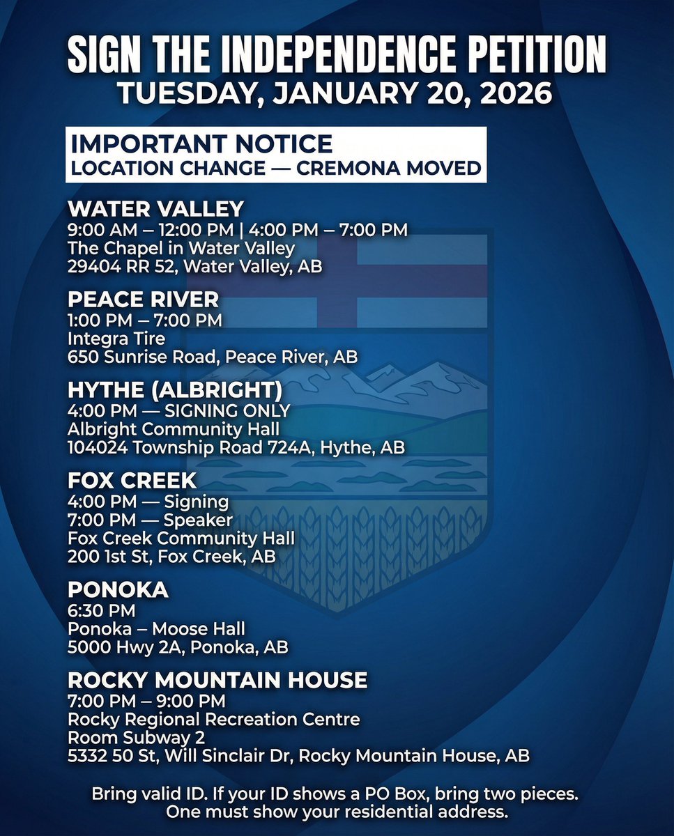 SIGN THE INDEPENDENCE PETITION TODAY

Tuesday, Jan 20

Water Valley — 9AM–12PM &amp; 4–7PM
The Chapel in Water Valley
29404 RR 52

Peace River — 1–7PM
Hythe (Albright) — 4PM (signing only)
Fox Creek — 4PM signing | 7PM speaker
Ponoka — 6:30PM
Rocky Mountain House — 7–9PM

Bring valid