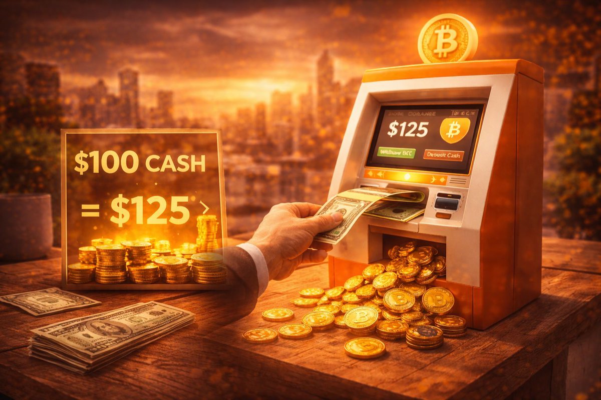 The hardest part of Bitcoin is starting. So we reward it. Deposit $100 in  cash. Your balance shows $125. That extra $25 is free Bitcoin. Use it  immediately. This is how confidence