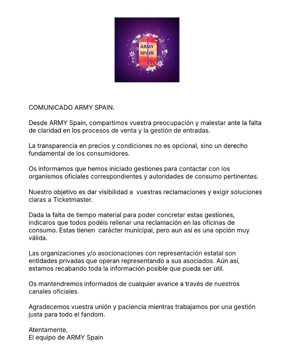 COMUNICADO SOBRE TICKETMASTER

Att ARMY SPAIN