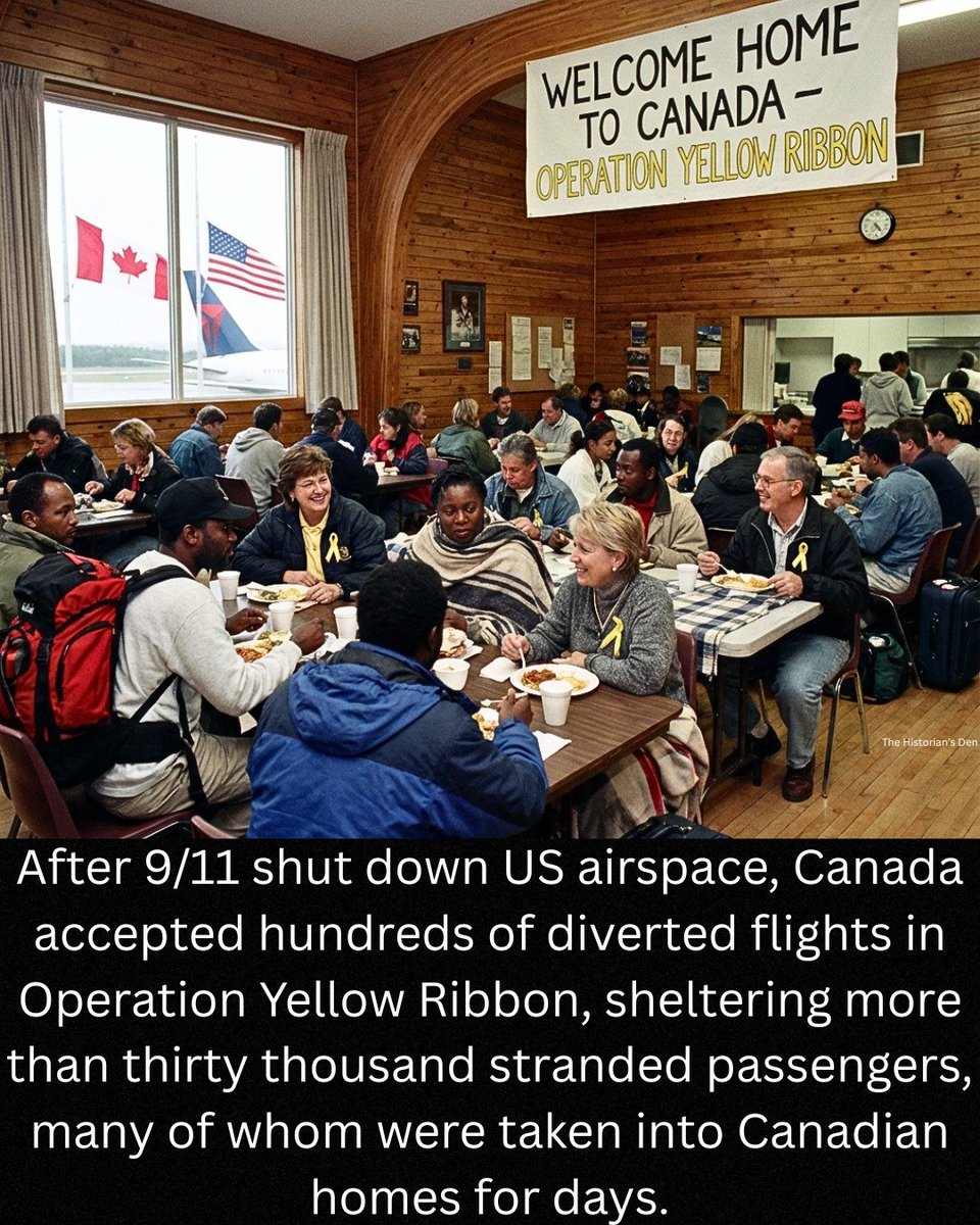 JamesTate121's tweet image. Canada’s response on 9/11 became one of the most remarkable civilian‑led humanitarian efforts in modern history. When the United States closed its airspace after the attacks, Transport Canada immediately activated Operation Yellow Ribbon, directing incoming international flights…