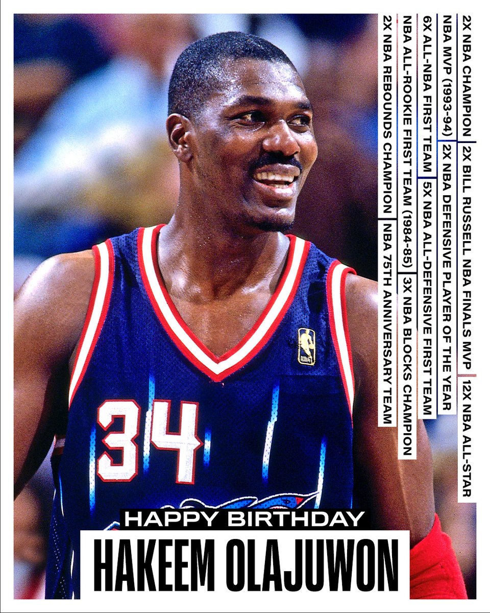 NBAHistory's tweet image. Join us in wishing a Happy 63rd Birthday to 12x #NBAAllStar, 2x NBA champion, 1993-94 NBA MVP, 2x NBA Finals MVP &amp;amp; 75th Anniversary Team member... Hakeem "The Dream" Olajuwon! #NBABDAY