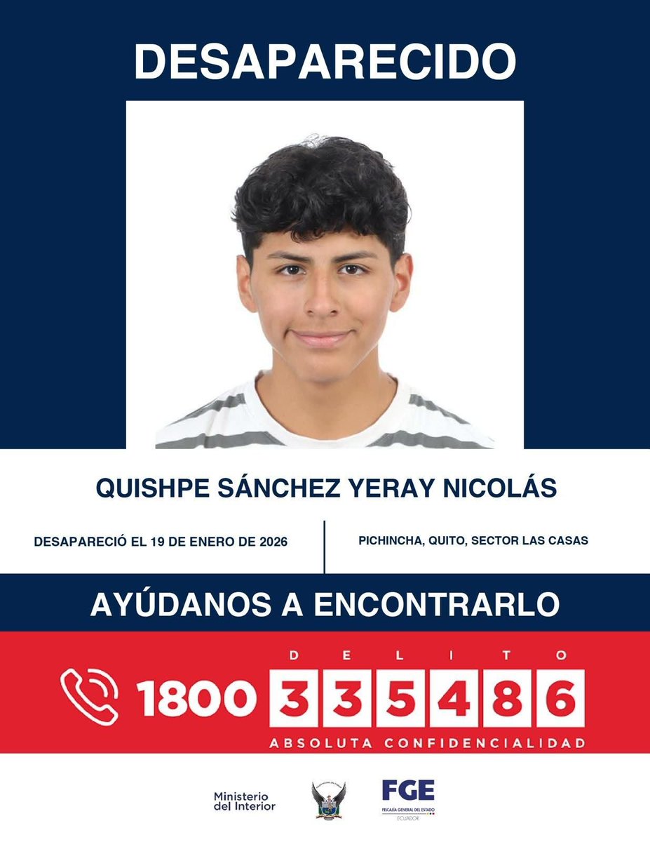 notimundoec's tweet photo. 🚨#ATENCIÓN | Yeray Nicolás Quishpe desapareció el pasado 19 de enero. Fue visto por última vez en el sector de Las Casas, en el norte de Quito. De poseer información relevante, la @FiscaliaEcuador insta a la ciudadanía a contactarse al 911 o al 1-800 DELITO (335486). https://t.co/Escdan5AzH