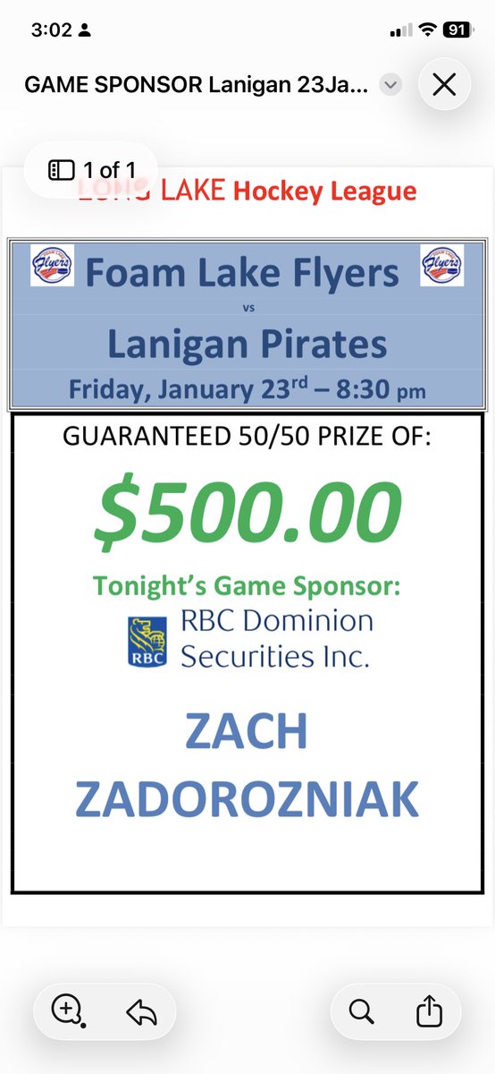 This Friday’s  game sponsor RBC Dominion Securities Inc. The 50/50 is a guaranteed take home of $500.00. Thanks Zach for the support again this season.