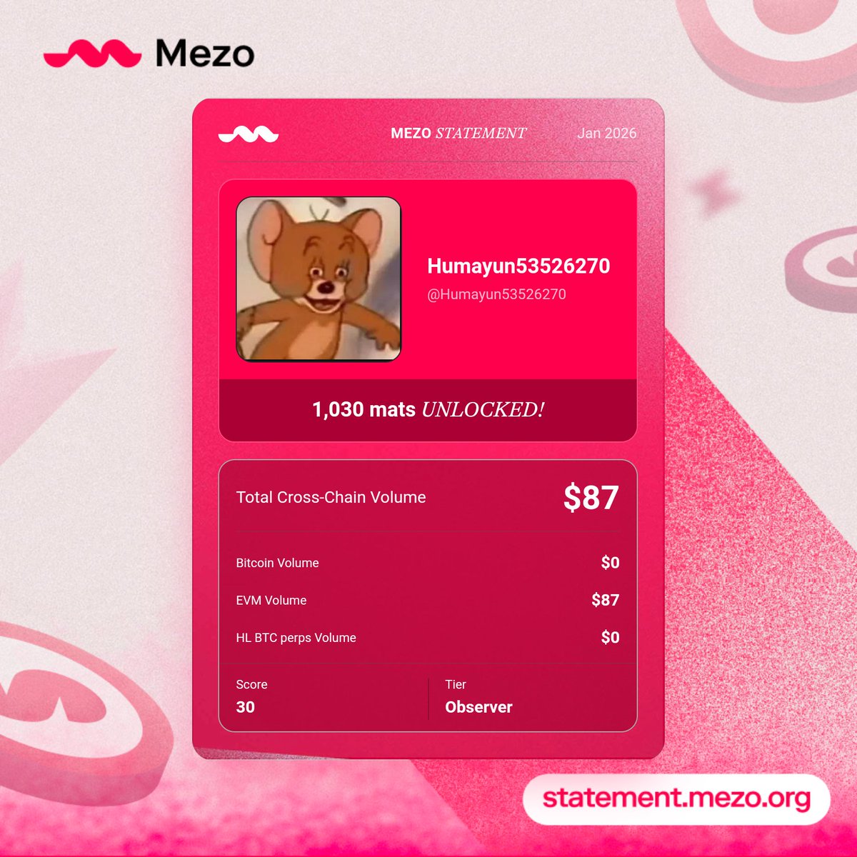 Humayun53526270's tweet photo. Just unlocked 1,030 mats and ranked Observer by generating my Mezo Statement.

Backed by ~$30M from Pantera &amp; Multicoin with ~$80M TVL already.
Snapshot on 21st Jan.
Get yours here: https://t.co/i9xJ9ZYcgp https://t.co/IFxwuuItRO