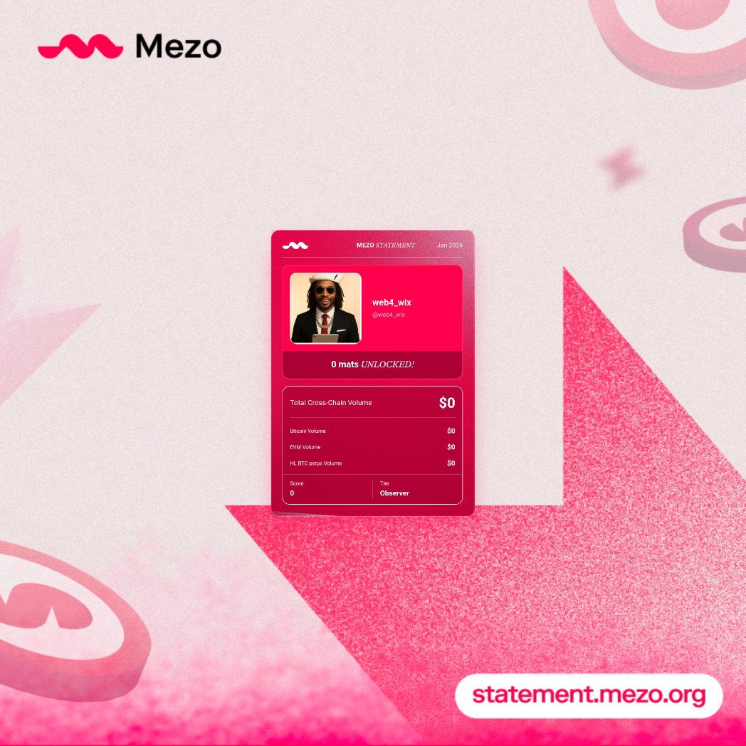 web4_wix's tweet photo. Just generated my Mezo Statement and unlocked 0 mats.

Backed by Pantera, Multicoin &amp; others with ~$80M TVL and growing fast.
Think you can beat my Observer? 😏
→ https://t.co/9GYBiWrp8k https://t.co/bDGwM7Kiwc