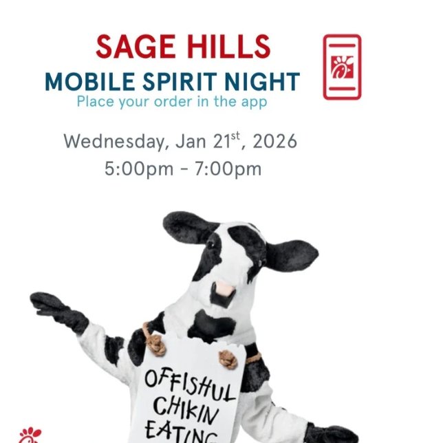 sagethunderhawk's tweet photo. Chick-fil-A Spirit Night on Wednesday, January 21st from 5pm-7pm. https://t.co/U9g3HrbbU7