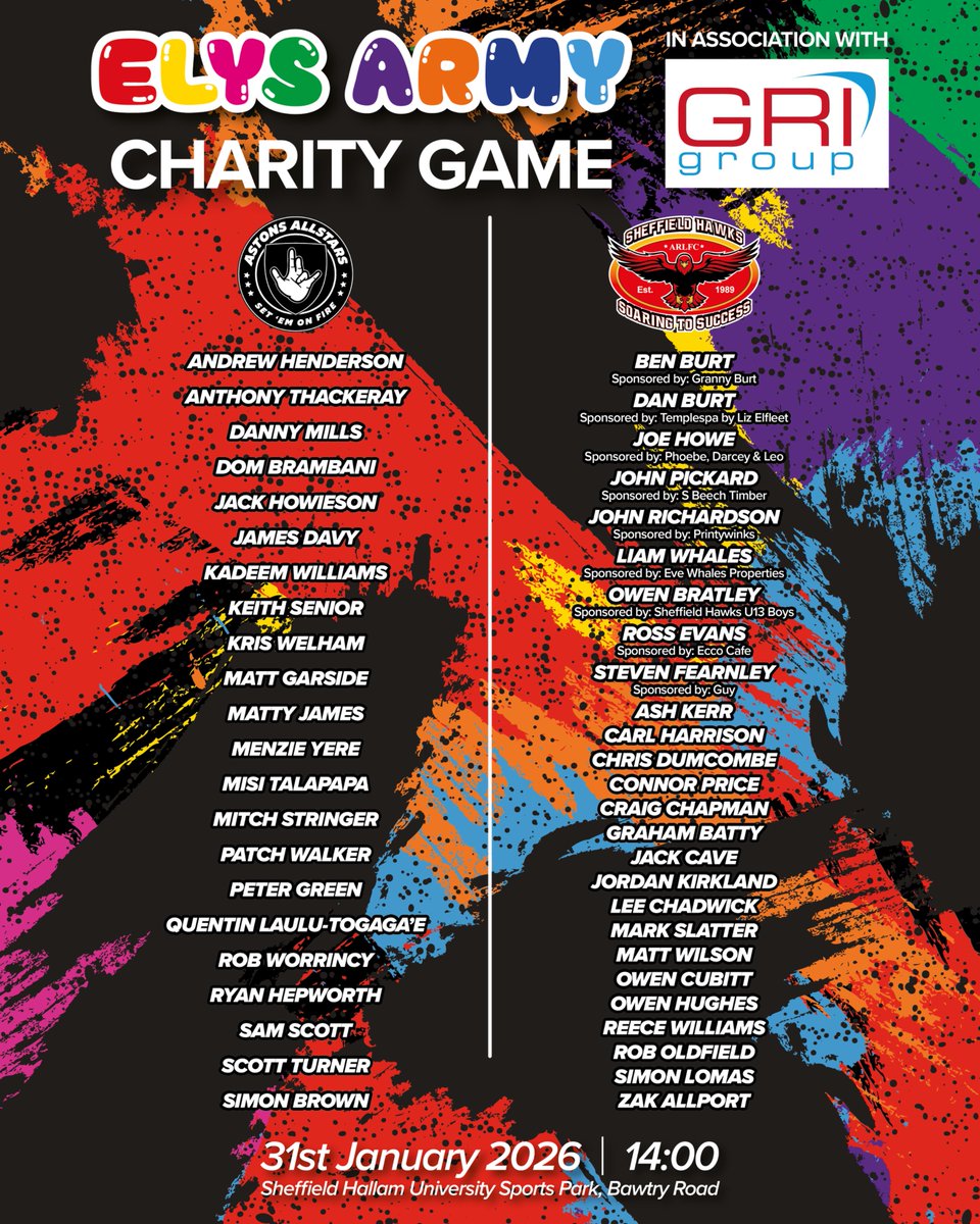 🟥🟨 SQUADS ANNOUNCED | ELYS ARMY CHARITY GAME 🟨🟥

Teams Locked in! 

This match is ALL TICKET, so don’t leave it late 👇

🎟️ Get your tickets here:
eventbrite.com/e/astons-allst…

#SheffieldHawks #ElysArmy #CharityGame #RugbyLeague #AstonsAllstars #HawksFamily #CommunityRugby