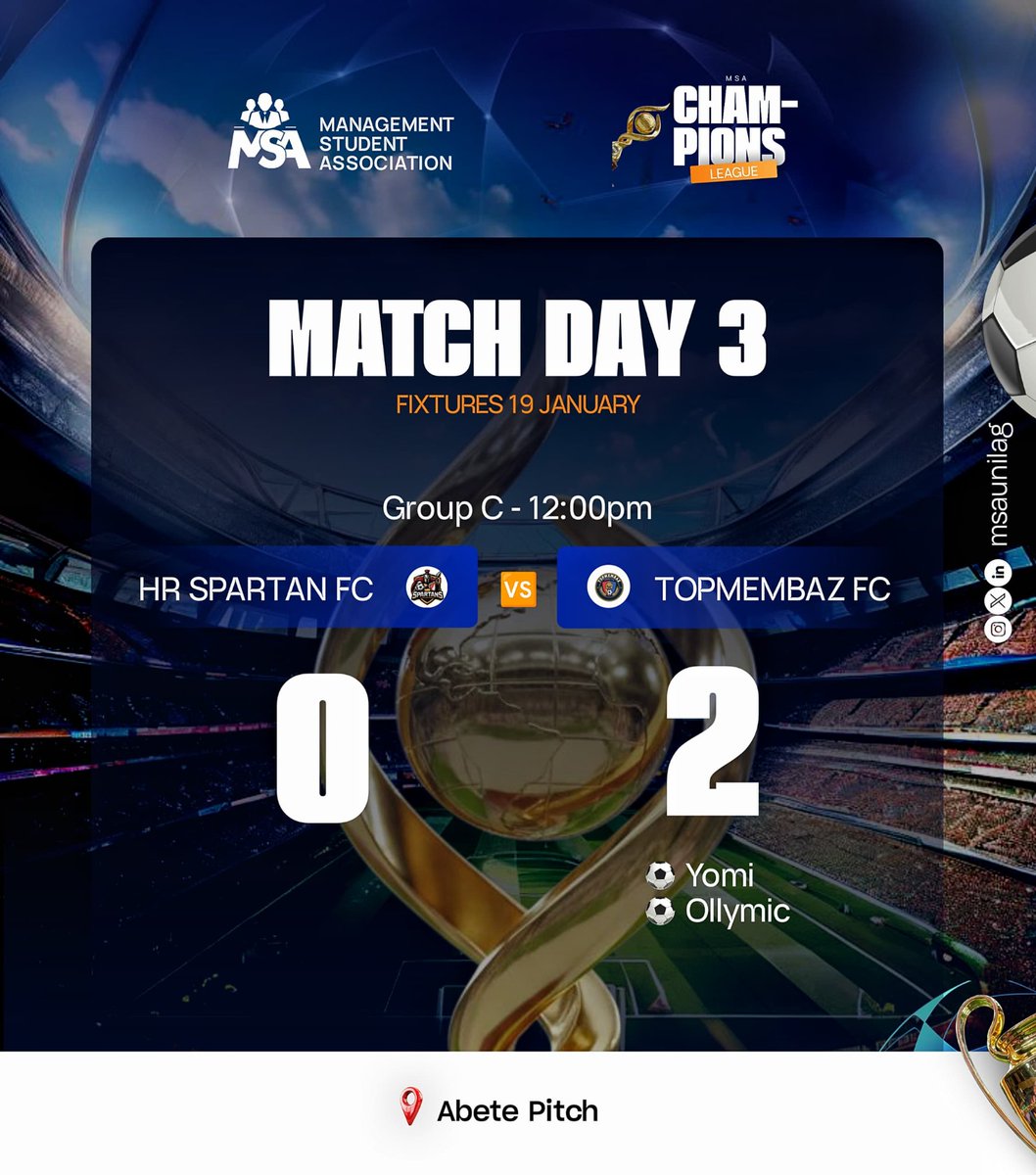 Msacl23's tweet photo. GROUP C RESULT:

Hr Spartans FC 0–2 TopMembaz
Solid away win. Clean sheet secured, job done. 🔥⚽

MSA FABRIZIO
#MSACL https://t.co/WANW2nXh9M