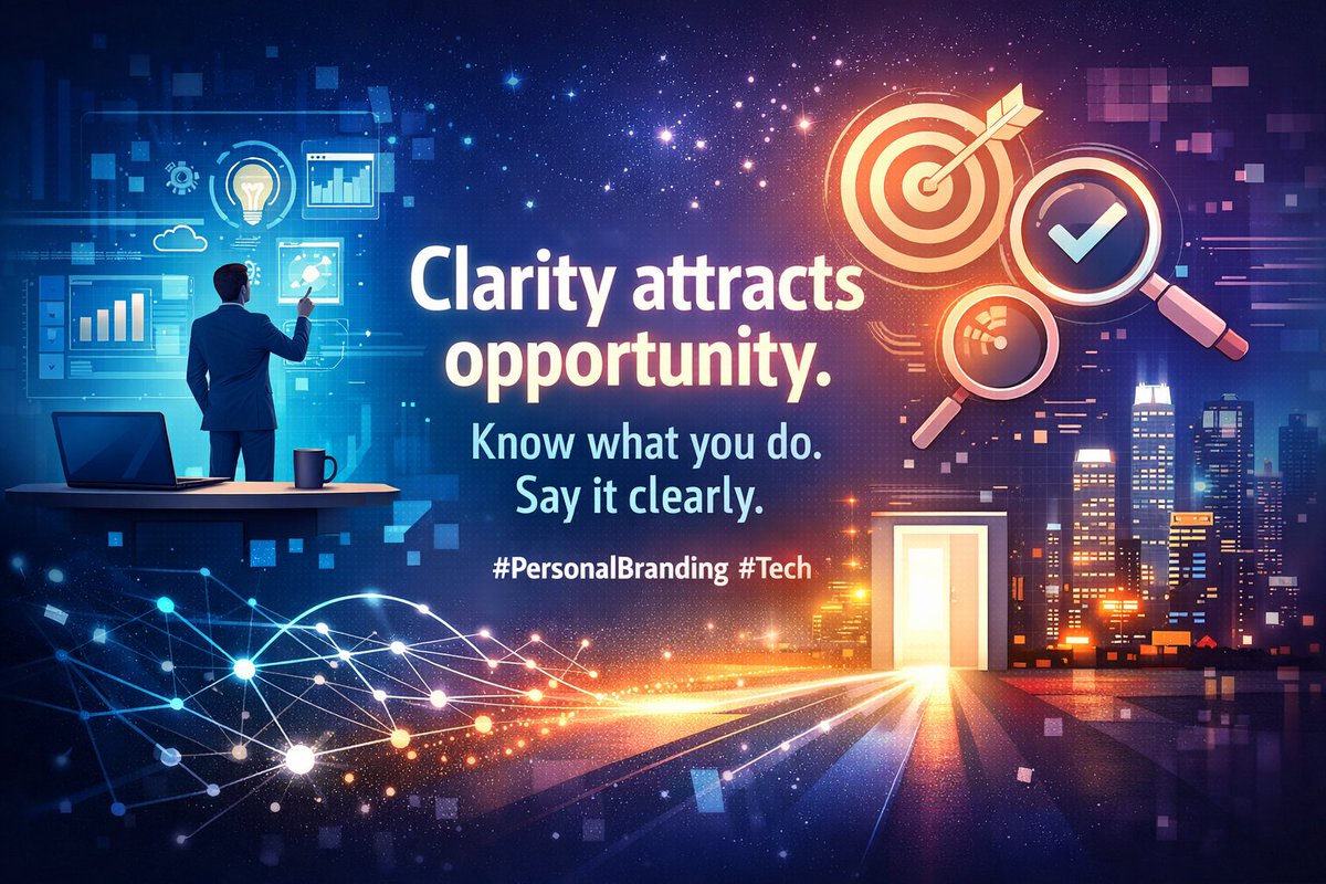 Adeshola2o's tweet photo. Clarity attracts opportunity.
Know what you do. Say it clearly.
#PersonalBranding #Tech https://t.co/fukNtp5Efg