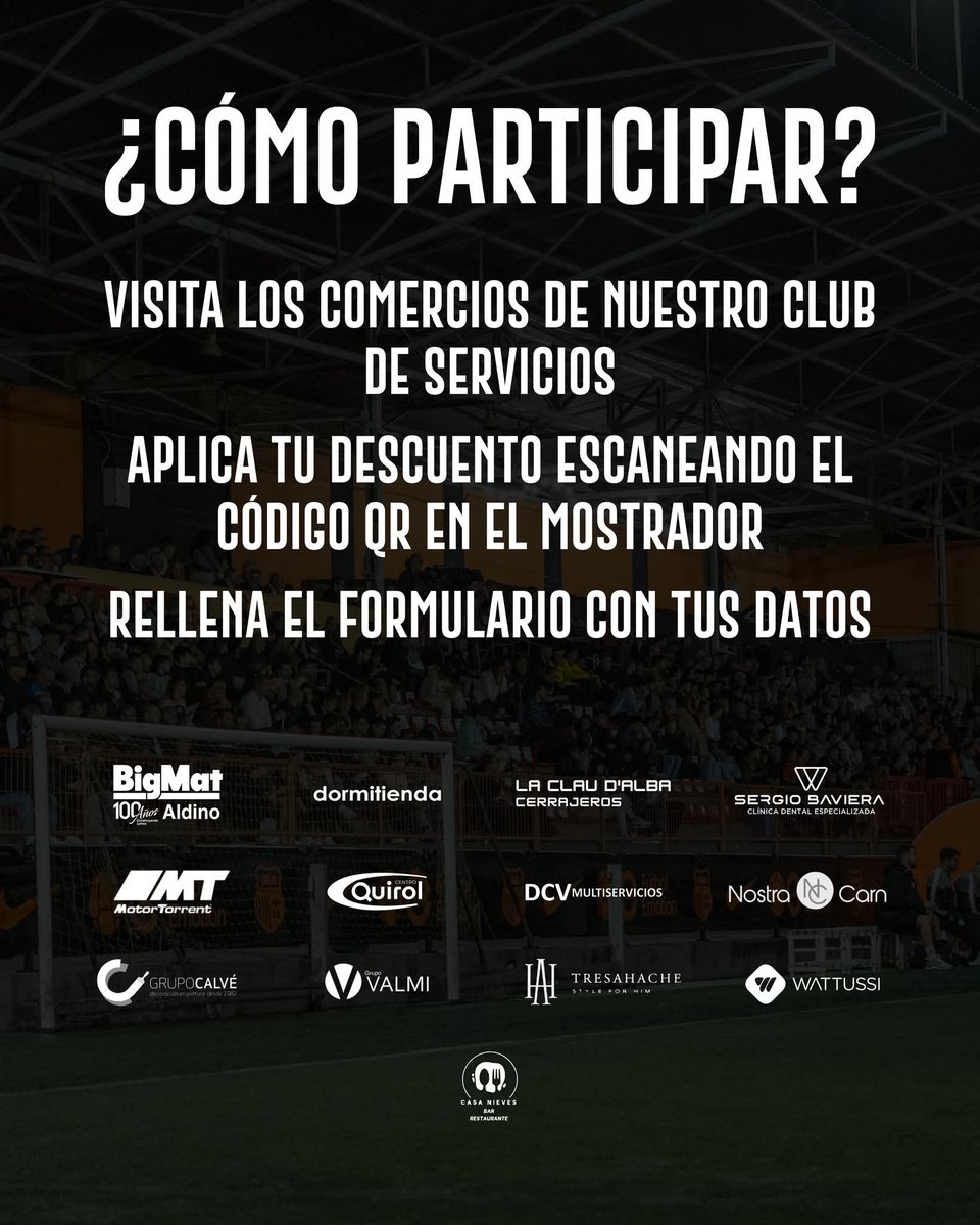 tcf_oficial's tweet photo. 🚨 ¡𝗦𝗢𝗥𝗧𝗘𝗢! 𝗖𝗟𝗨𝗕 𝗗𝗘 𝗦𝗘𝗥𝗩𝗜𝗖𝗜𝗢𝗦 𝗧𝗢𝗥𝗥𝗘𝗡𝗧 𝗖𝗙 🧡

Eres taronja y... ¿quieres ganar un abono para la temporada 2026/2027? ¿O una camiseta firmada por todos los jugadores del primer equipo? ¡Pues ahora es más fácil que nunca! 🧡

𝗣𝗔𝗦𝗢 𝟭: Visita cualquiera de los establecimientos de nuestros amigos del Club de Servicios del Torrent CF: BigMat Aldino, Dormitienda, La Clau D'Alba, MotorTorrent, Centro Quirol, DCV Multiservicios, Grupo Calvé, Grupo Valmi, Tresahache, Nostra Carn, Wattussi, Sergio Baviera o Casa Nieves.

𝗣𝗔𝗦𝗢 𝟮: Aplica tu descuento escaneando el código QR del mostrador del establecimiento (Cada comercio cuenta con su propio código QR y descuento).

𝗣𝗔𝗦𝗢 𝟯: ¡Rellena el formulario del QR, indicando tus datos para que podamos contactarte en caso de que seas premiado! 📲

Cuantas más veces vayas a los establecimientos, más posibilidades de ganar! Participa y hazte con los premios 🔥

Fecha límite de participación: Sábado 31 de enero de 2026.
Fecha de resultados del sorteo: Martes 2 de febrero de 2026.

#SangTaronja #TorrentAFoc
