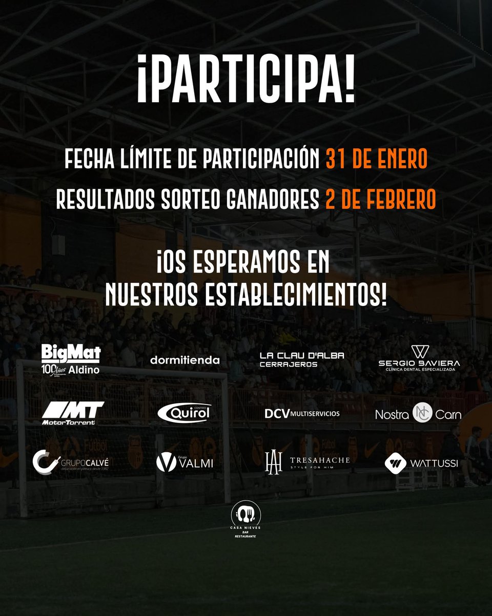 tcf_oficial's tweet photo. 🚨 ¡𝗦𝗢𝗥𝗧𝗘𝗢! 𝗖𝗟𝗨𝗕 𝗗𝗘 𝗦𝗘𝗥𝗩𝗜𝗖𝗜𝗢𝗦 𝗧𝗢𝗥𝗥𝗘𝗡𝗧 𝗖𝗙 🧡

Eres taronja y... ¿quieres ganar un abono para la temporada 2026/2027? ¿O una camiseta firmada por todos los jugadores del primer equipo? ¡Pues ahora es más fácil que nunca! 🧡

𝗣𝗔𝗦𝗢 𝟭: Visita cualquiera de los establecimientos de nuestros amigos del Club de Servicios del Torrent CF: BigMat Aldino, Dormitienda, La Clau D'Alba, MotorTorrent, Centro Quirol, DCV Multiservicios, Grupo Calvé, Grupo Valmi, Tresahache, Nostra Carn, Wattussi, Sergio Baviera o Casa Nieves.

𝗣𝗔𝗦𝗢 𝟮: Aplica tu descuento escaneando el código QR del mostrador del establecimiento (Cada comercio cuenta con su propio código QR y descuento).

𝗣𝗔𝗦𝗢 𝟯: ¡Rellena el formulario del QR, indicando tus datos para que podamos contactarte en caso de que seas premiado! 📲

Cuantas más veces vayas a los establecimientos, más posibilidades de ganar! Participa y hazte con los premios 🔥

Fecha límite de participación: Sábado 31 de enero de 2026.
Fecha de resultados del sorteo: Martes 2 de febrero de 2026.

#SangTaronja #TorrentAFoc