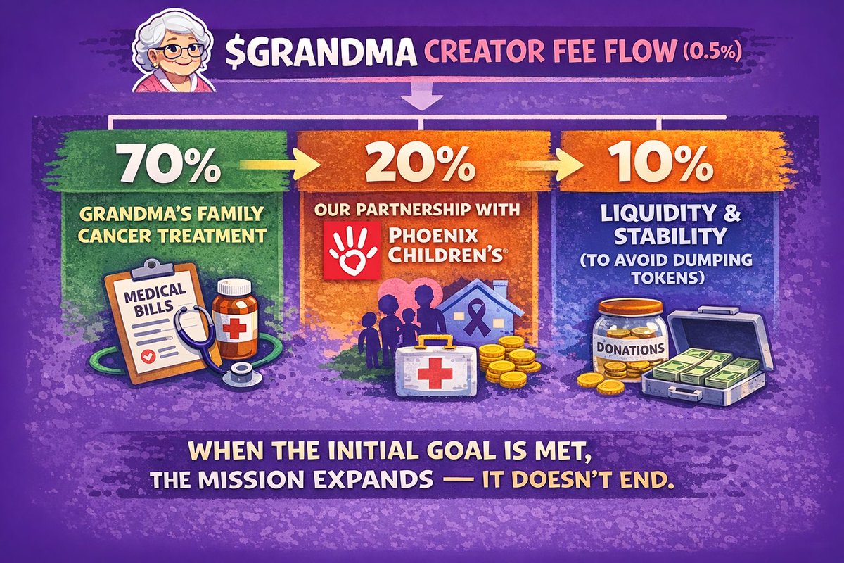 GrammaCrackers's tweet image. Starting today: The $GRANDMA creator fee (0.5% transaction fee) is used with even more care and transparency: 70% goes directly toward my grandson’s cancer treatment, 20% supports our new partnership with Phoenix Children’s Hospital to help other children and families battling…