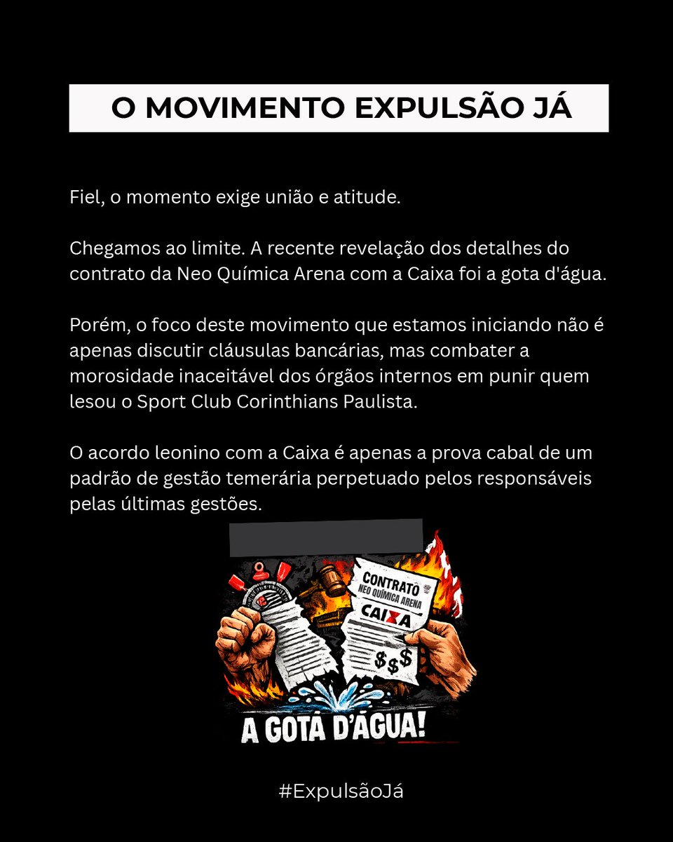 proj_timedopovo's tweet image. O "Movimento Expulsão Já!" nasce para exigir celeridade na responsabilização estatutária, transparência e justiça.

Não se trata apenas de contratos ou dívidas. Trata-se de gestão temerária, impunidade e desrespeito ao Corinthians. 

#ExpulsãoJá #Corinthians