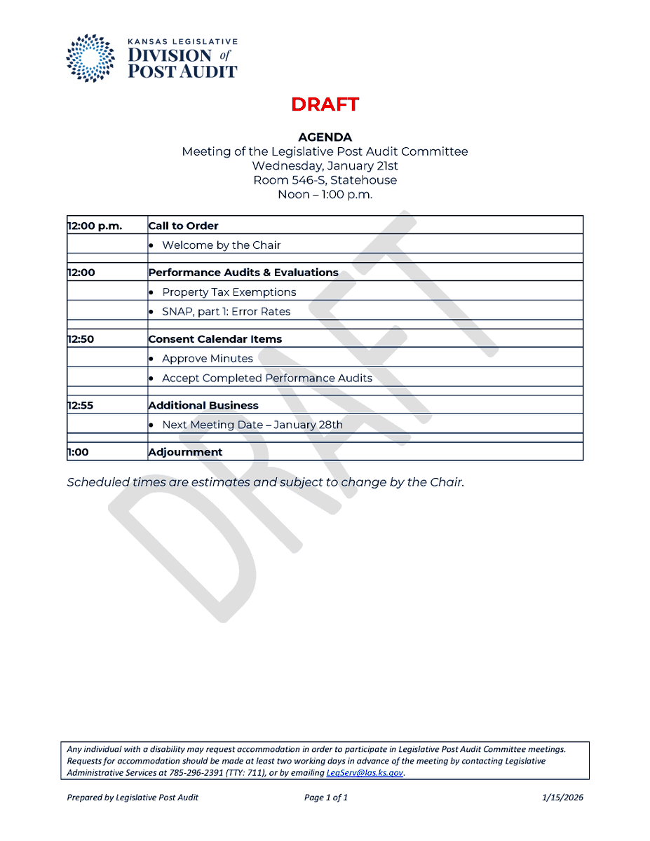 KsAudit's tweet photo. Wednesday's (1/21) LPAC meeting at noon can be viewed at https://t.co/Xu3BiNSRbN. Performance audits on 1) Property Tax Exemptions and 2) SNAP error rates will be presented. #ksaudit #ksleg https://t.co/yyfNcWSsdR