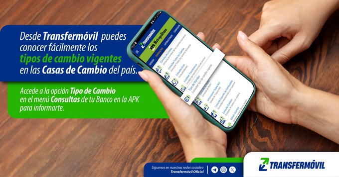 🔊 NO LO SABÍAS???
Puedes conocer cómodamente desde #Transfermóvil las tasas de cambio de CADECA vigentes.
👉Hazlo a través de la opción "Tipo de Cambio" que aparece en el menú "Consultas" de la APK. 📲