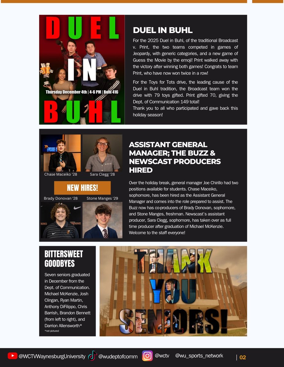 WE'RE BACK!!
WCTV is ready for the Spring 2026 semester and cannot wait for the chances and opportunities to come this semester! Make sure to keep up with episodes on YouTube!

Get started by checking out the new WCTV: Behind the Scenes Newsletter!