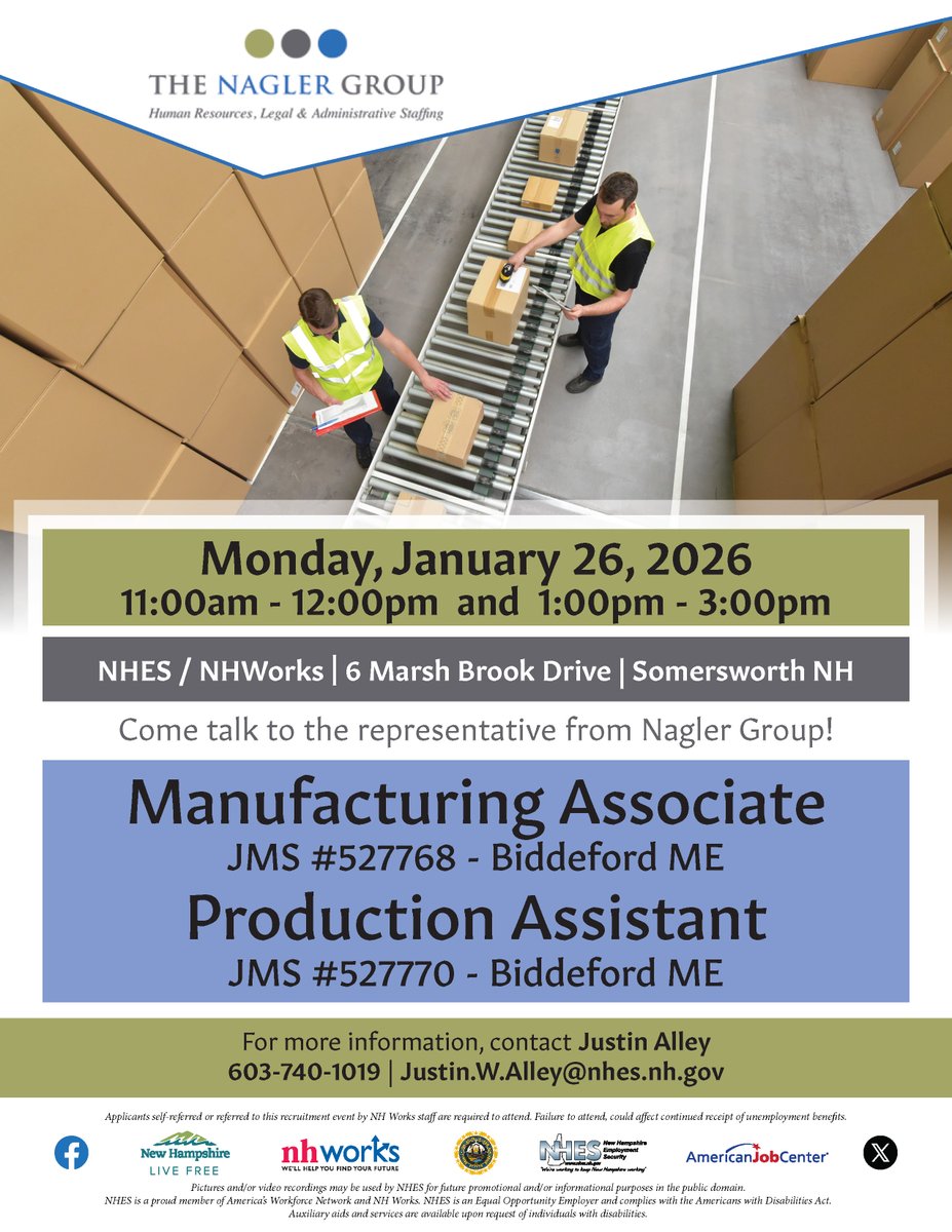 NHESWorking's tweet image. Nagler Group Recruitment Event
Monday, January 26, 2026
11:00am - 12:00pm and 1:00pm - 3:00pm

NHES / NHWorks
6 Marsh Brook Drive
Somersworth, NH 03878

#NHWorks #NHES #JobsInNH #NHJobs