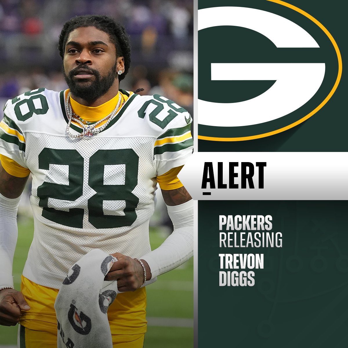 NFL's tweet image. Packers release CB Trevon Diggs.
