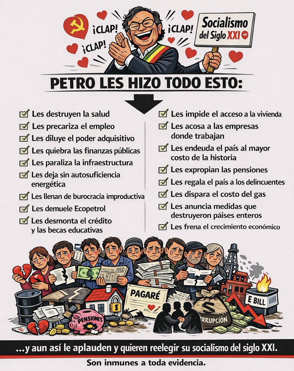 Petro les destruye la salud, el empleo, el ahorro, Ecopetrol, la vivienda, las pensiones y nos deja la deuda más cara de la historia. Les regala 🇨🇴 a los delincuentes y dispara el gas. ¿Y aun así quieren a Cepeda para seguir en la misma? Inmunes a la evidencia 🤡🫣. #Petristas 🫏