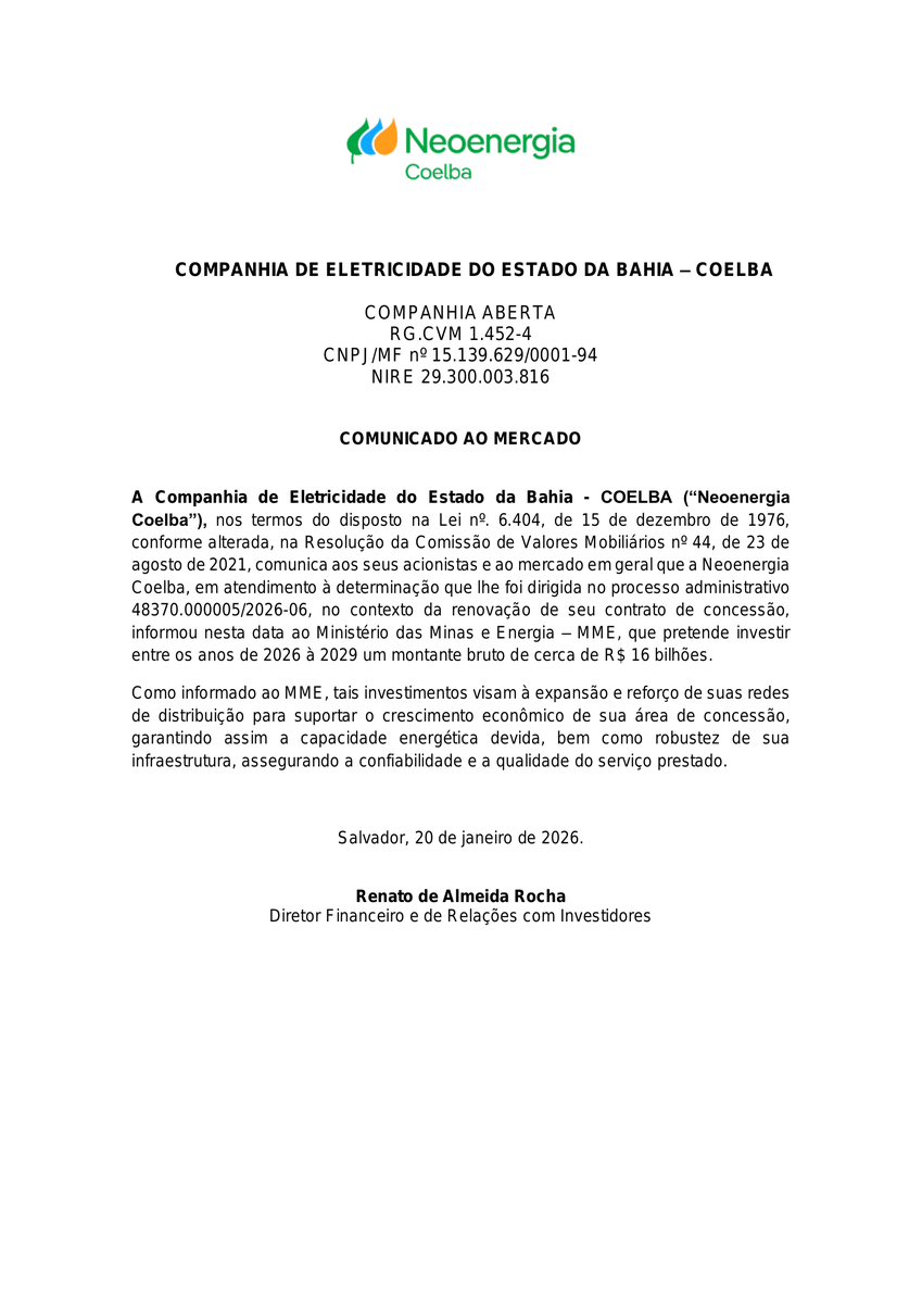 CalixtoCapital's tweet photo. #CEEB3 | COELBA | Comunicado ao Mercado https://t.co/QcoKiRM70k