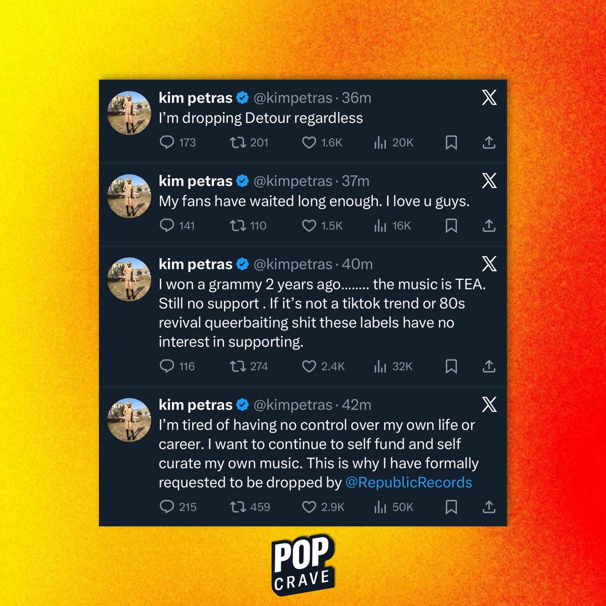 PopCrave's tweet photo. Kim Petras shares label hardships and gives update on her new album, ‘Detour’:

“I'm tired of having no control over my own life or career. I want to continue to self fund and self curate my own music.” https://t.co/3Qw6GyK6nS