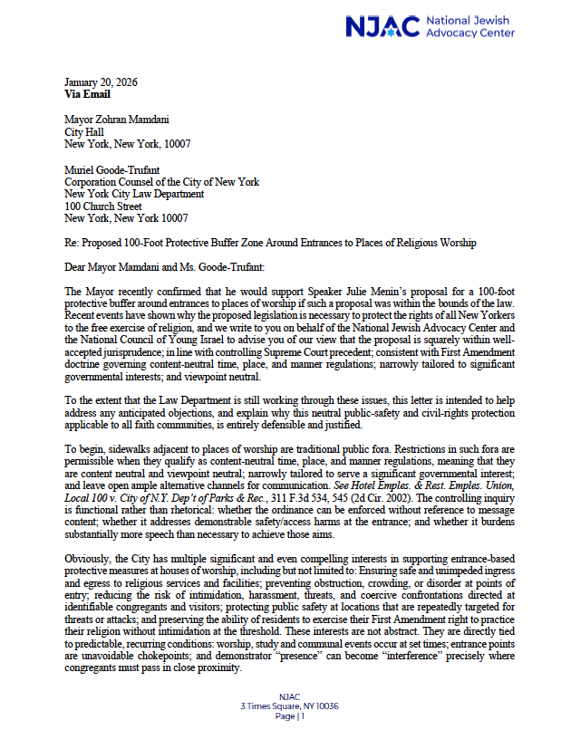MarkGoldfeder's tweet image. Dear @NYCMayor,
Great news! @NYCCouncil Speaker @JulieMenin's proposal for a 100-foot worship-entry protection zone is absolutely "within the bounds of the law." 
@NJACLaw's letter to your legal team below; we look forward to you signing this important legislation.