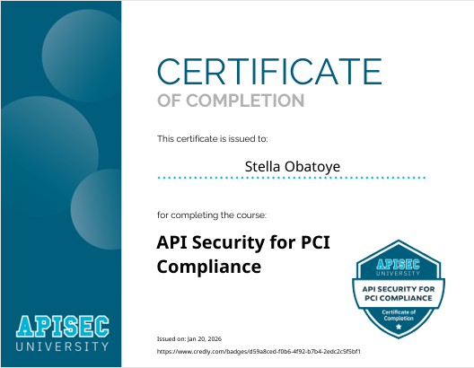 StellaObatoye's tweet photo. Day 19 &amp; 20
I could not post yesterday because I was tired.

Completed the API Security for PCI Compliance course on @apisecu  .
Reviewed the Payment Card Industry Data Security (PCI-DSS) Standard v4.0, focusing on Requirement 6 .

#OneCybersecurityThingADay https://t.co/YS6lUS1PCV