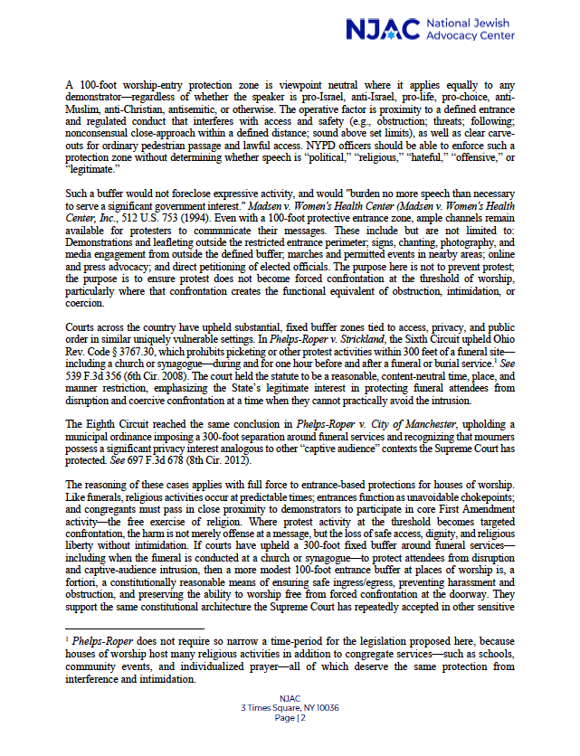 MarkGoldfeder's tweet image. Dear @NYCMayor,
Great news! @NYCCouncil Speaker @JulieMenin's proposal for a 100-foot worship-entry protection zone is absolutely "within the bounds of the law." 
@NJACLaw's letter to your legal team below; we look forward to you signing this important legislation.