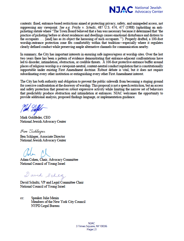 MarkGoldfeder's tweet image. Dear @NYCMayor,
Great news! @NYCCouncil Speaker @JulieMenin's proposal for a 100-foot worship-entry protection zone is absolutely "within the bounds of the law." 
@NJACLaw's letter to your legal team below; we look forward to you signing this important legislation.