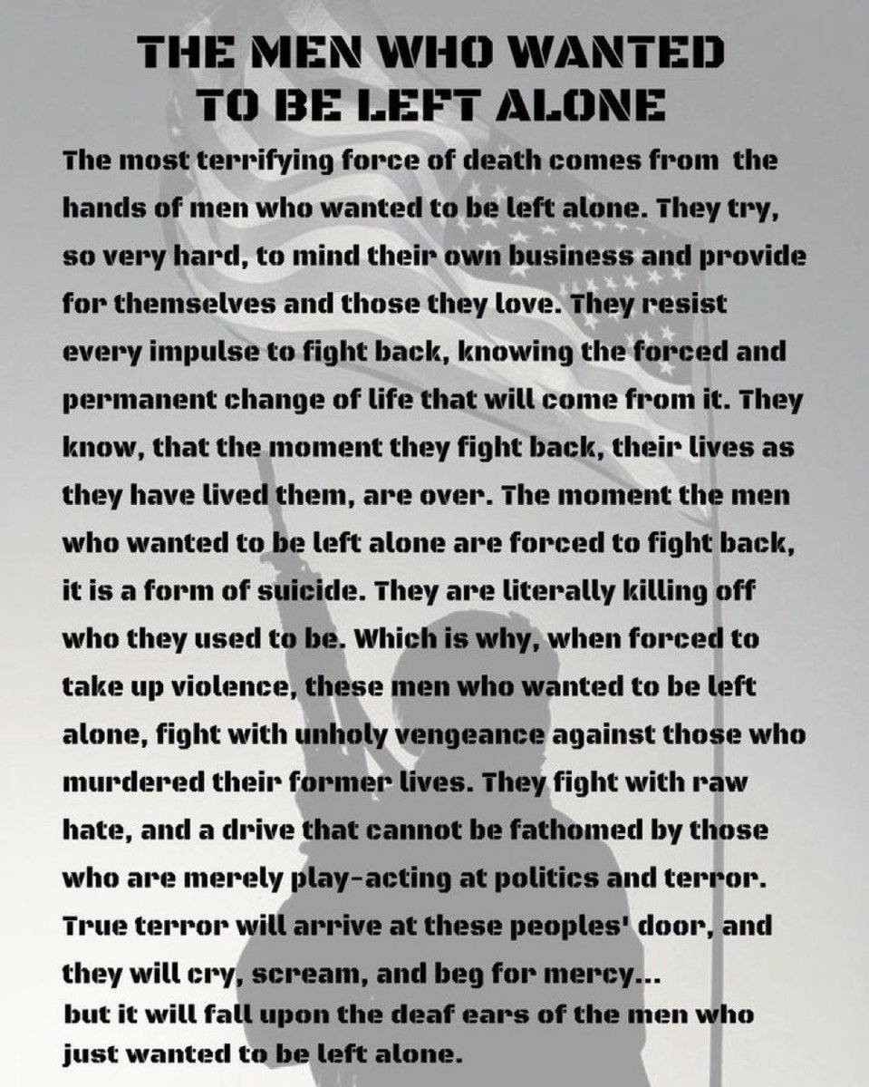 FreedomIsFine's tweet image. This is why conservative men aren’t out in the streets fighting these liberal fools right now - they have too much to lose.

But when that changes, the fight will be irreversibly ON.

Liberals have been warned.