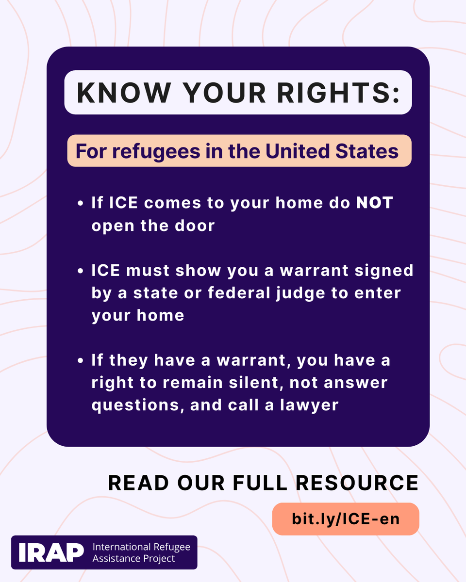 IRAP's tweet photo. 🚨 Community Update 🚨 With ICE now targeting resettled refugees in the United States, knowing your rights is more important than ever. IRAP's legal resources about what to do if you encounter ICE are available in Somali, Tigrinya, Spanish, Arabic (linked above), Amharic, Dari, French, Haitian Kreyol, Pashto, Portuguese, Russian, Swahili and Ukrainian.