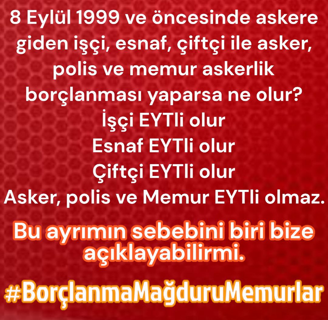 Syn Vekilim #AskerlikBorçlanması neden sadece polis asker ve memurlar da sigorta başlangıcını geriye çekmiyor.
İşçi esnaf çiftçi hepsi geri çekip emekli olurken biz olamadık, bu mağduriyetin çözülmesi adına sesimiz olmanızı bekliyoruz.