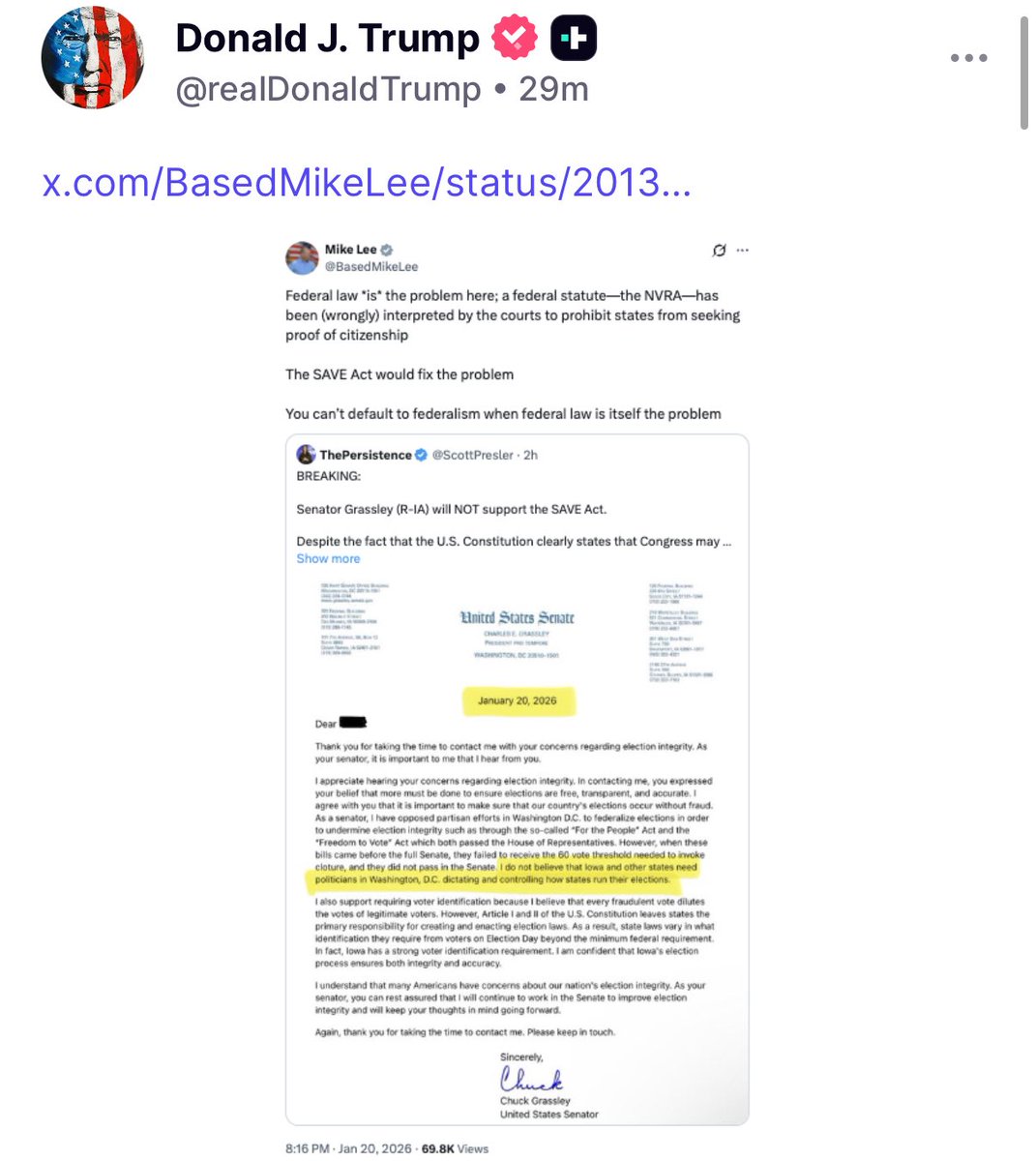 ScottPresler's tweet image. WOW! 

Thank you, President Trump. 

Working hard to peacefully whip more Senators to support the SAVE Act. 

Not stopping.