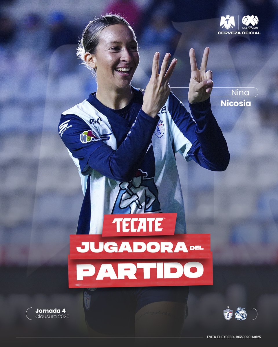 LigaBBVAFemenil's tweet photo. #TecateJugadoraDelPartido | Nina Nicosia 🔟

Tus 🗳️ votos la eligieron como la estrella del partido.

⚽⚽ Dos goles y 🎯🎯 dos asistencias en un partido redondo para la “10”.

@cervezatecate

#TecatePorTi | #PACvsPUE https://t.co/J8QO3OP0AX