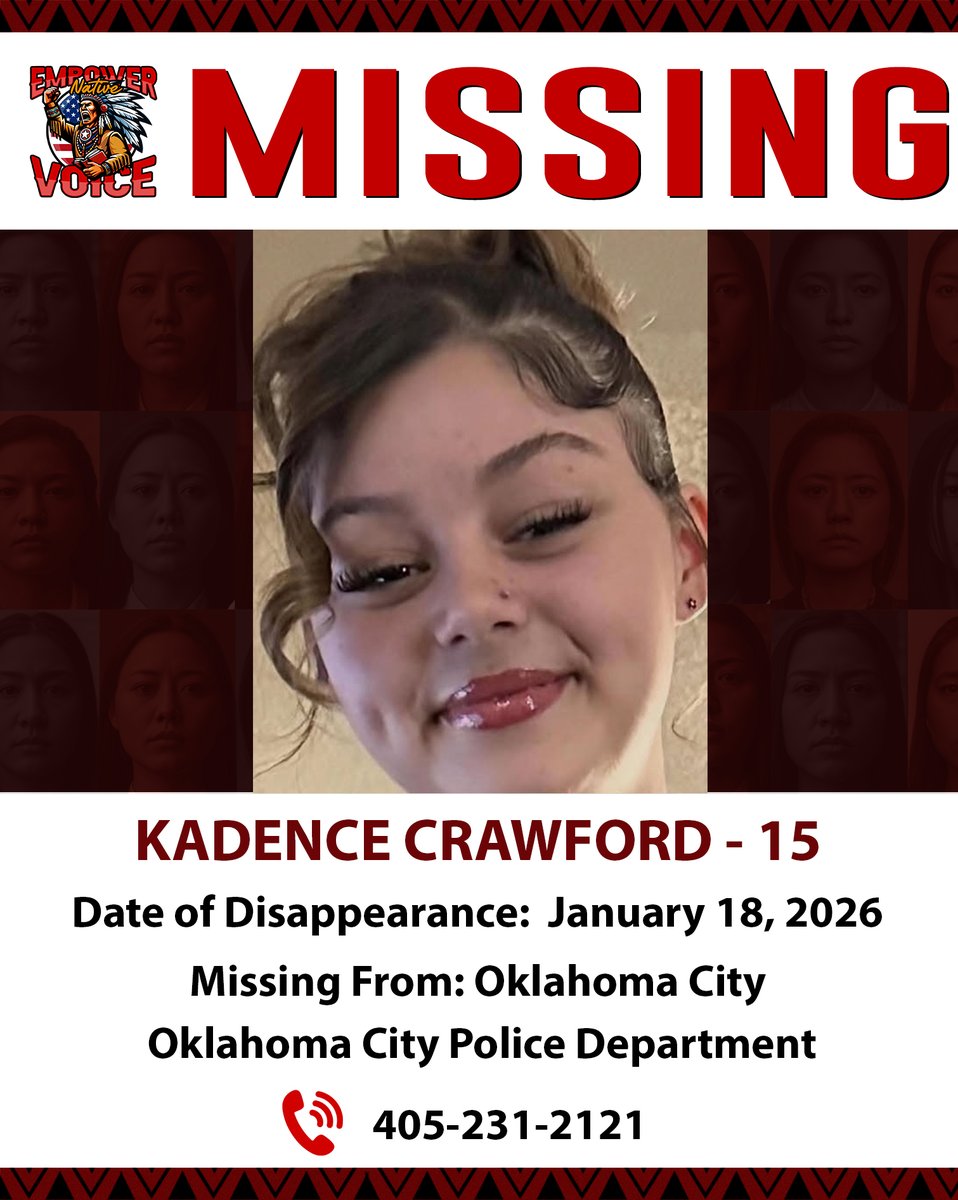 EmpowerNative's tweet image. 🚨 MISSING PERSON ALERT -  KADENCE CRAWFORD 🚨

If you have any information, please contact:
📞 Oklahoma City Police Department: 405-231-2121
📞 24-Hour Call Center: 1-800-843-5678
📞 Or call 911 immediately

#EmpowerNativeVoice #ShareYourVoice #MissingPerson #BringThemHomeNow