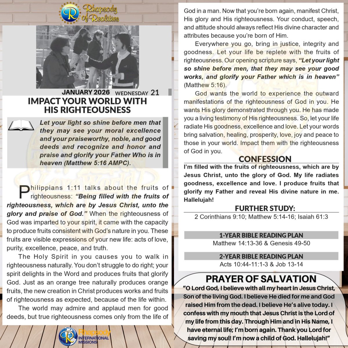 In Christ, you carry God’s righteousness and naturally produce its fruits—love, purity, excellence, peace, and truth. No struggle needed; the Holy Spirit empowers you to live righteously and reflect Christ’s character in your words, actions, and attitude. 

#ShineYourLight