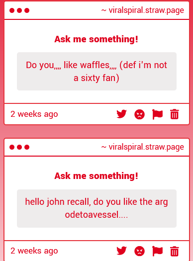 viral_spirals's tweet image. new strawpage thread because i dont wanna go find the other one viralspiral.straw.page

1. yes :) waffles &amp;gt;&amp;gt;&amp;gt;&amp;gt; pancakes #ItsTrue

2. hi :D i really want to sit down and watch it some time!! ive been subscribed for a long time, so that id remember. maybe some time soon!! :)