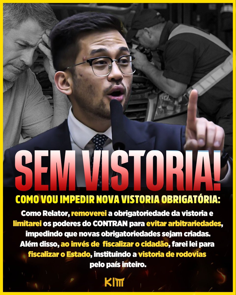 KimKataguiri's tweet image. Como relator do projeto, farei com que o Estado seja fiscalizado, não o cidadão. Além de impedir novas vistorias obrigatórias, farei com que as rodovias e estradas do país sejam vistoriadas. É o Estado que deve servir ao povo, jamais o povo servindo o Estado.

Se você apoia essa…