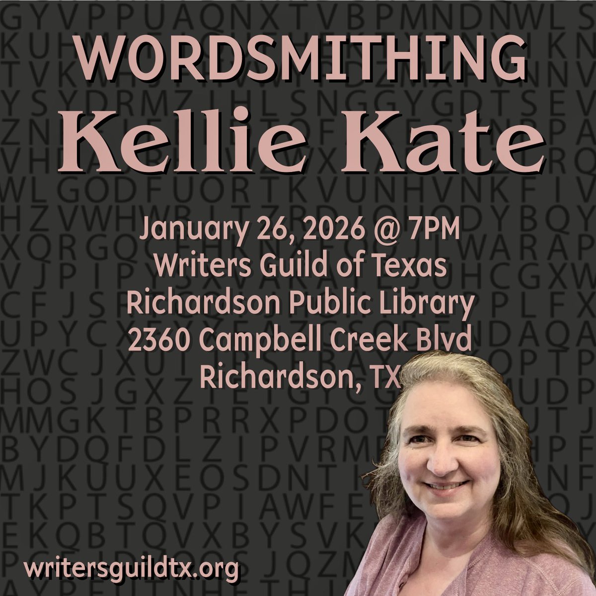 KELLIE KATE—WORDSMITHING

Writers Guild of Texas
Richardson Pub. Lib.
2360 Campbell Creek Blvd
Richardson, TX

I finish my novel. What’s next?
 
Wordsmithing- discuss the when, why, what, and how of five types of editing.

Register here for a Zoom link. 
forms.gle/UJbF38sAaPi1P3…