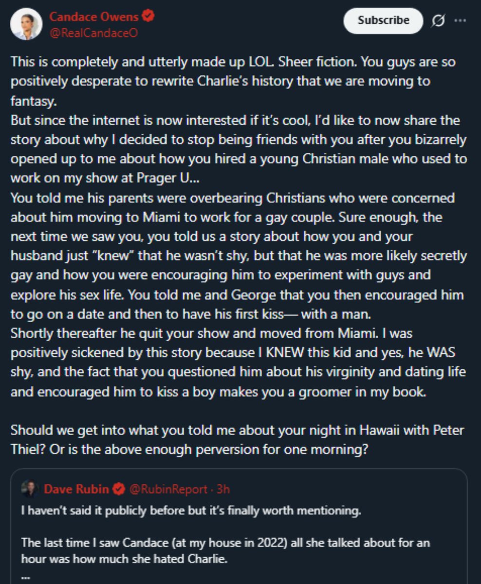 The two people to never fuck with if you have secrets are <a href="/RealCandaceO/">Candace Owens</a> and <a href="/Nero/">MILO</a> 

And this is clearly true about Dave Rubin and insane. He damaged and confused the shit out of a young man because misery loves company. 

That can legit mess people up. Especially when parents