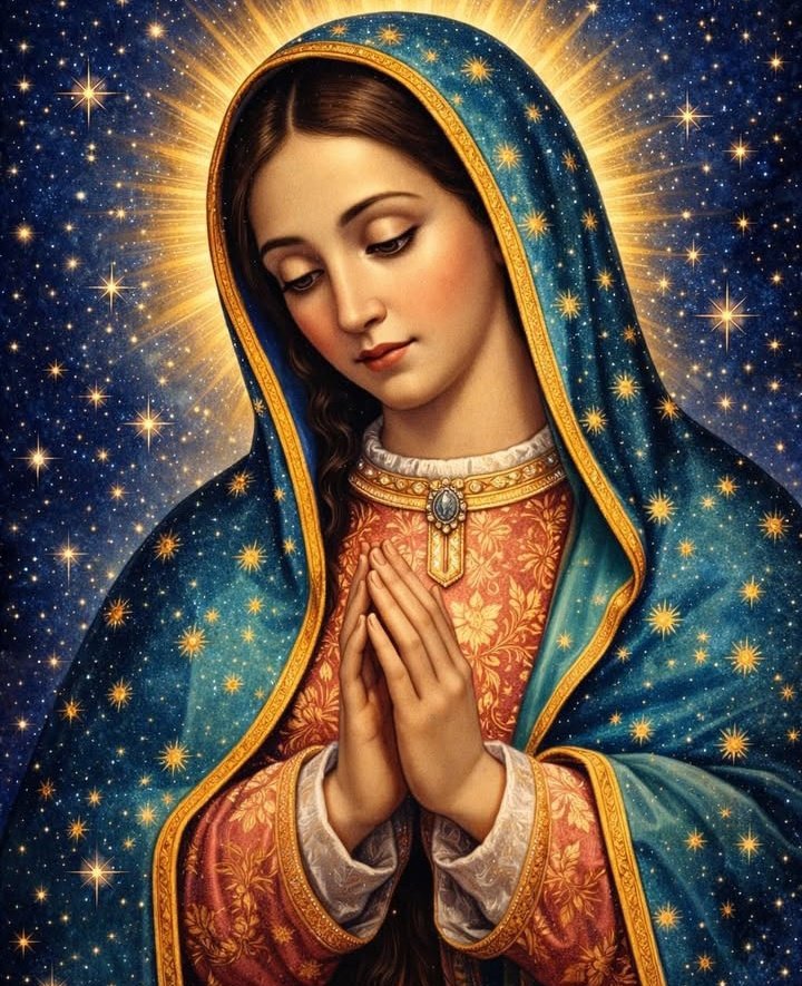 ✝️ Dios te salve, María, 
llena eres de gracia;
el Señor es contigo.
Bendita Tú eres 
entre todas las mujeres,
y bendito es el fruto de tu vientre, Jesús. 

Santa María, Madre de Dios,
ruega por nosotros, pecadores,
ahora y en la hora de nuestra muerte. Amén 🙏