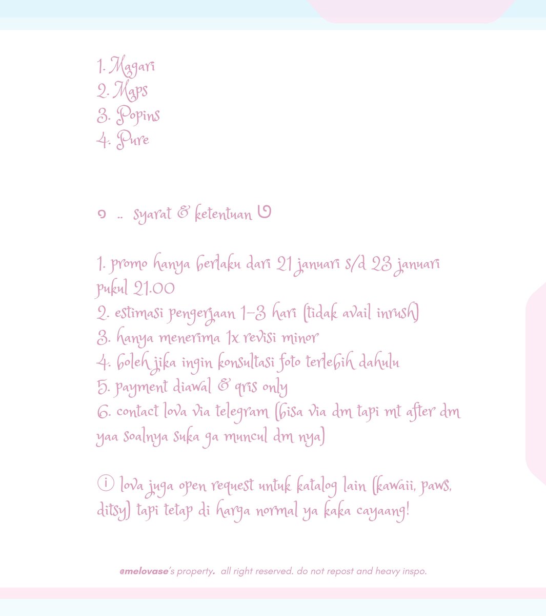 sejutadollars's tweet image. ⓘ help rt yaaaw kakak cayang! ♥︎

♥︎ ︵PROMO LAYOUT BY REQUEST  ⪩. .⪨ 

dalam rangka (lagi senang) lova mau adain PROMO layout by request untuk ke-4 katalog ini jadi Rp6000 aja! 
#zonauang #zonaba